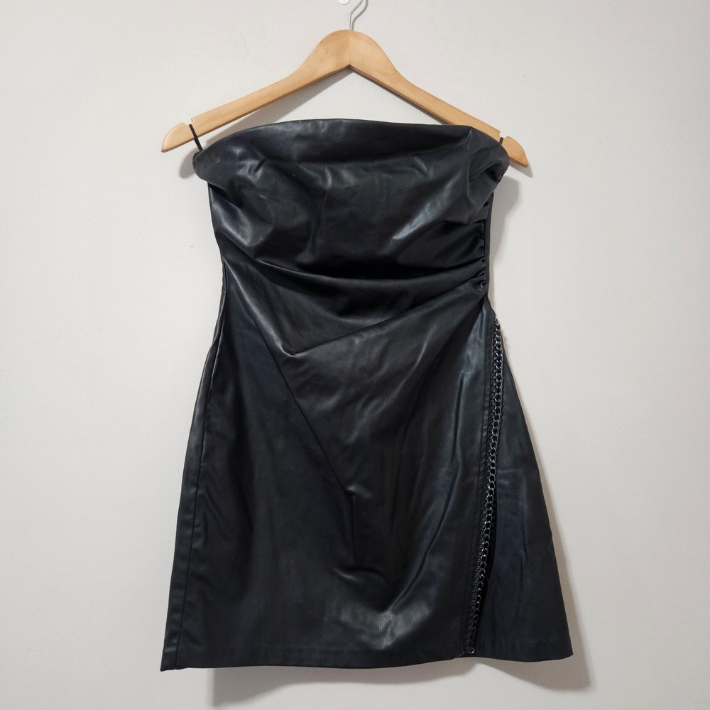 Zara Black Faux Leather Strapless Mini Dress Chain Detail Size M